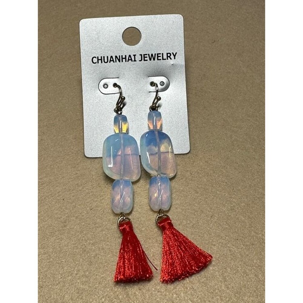 chuanhai jewelry opal moonstone red tassel drop earrings statement nwt new